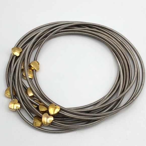 NEW SILVER GOLD HEART PIANO WIRE BRACELET SET - Picture 3 of 4